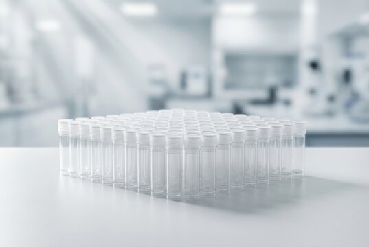 Many plastic test tubes arranged in rows on a laboratory table. Medical research equipment and scientific container for sample collection. Clinical analysis and biotechnology concept.