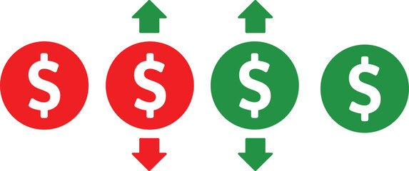Obraz premium Vector illustration of dollar sign icons with red and green arrows showing financial increase and decrease market trend variations
