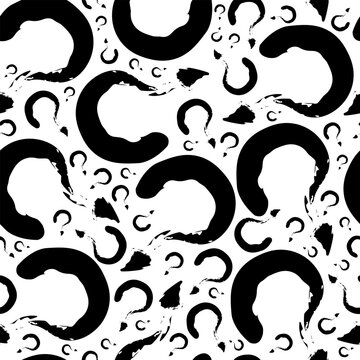 Question mark seamless pattern with black brush strokes for grunge background. Abstract ink texture for psychology and faq design. Vector illustration