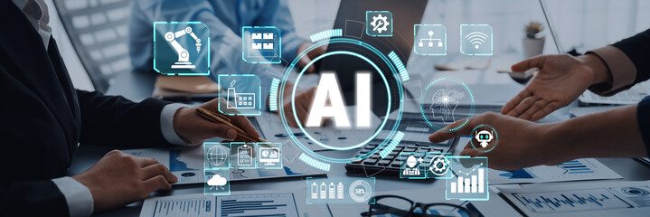 Modern Business Meeting with AI Technology Visualization and Collaboration among Professionals in a...