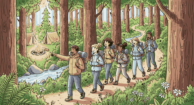Diverse group of hikers on a trail in a lush forest, leading to a campsite with tents and a campfire.