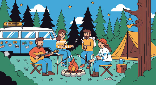 Friends enjoying a campfire and roasting marshmallows in a forest campsite with a vintage camper van