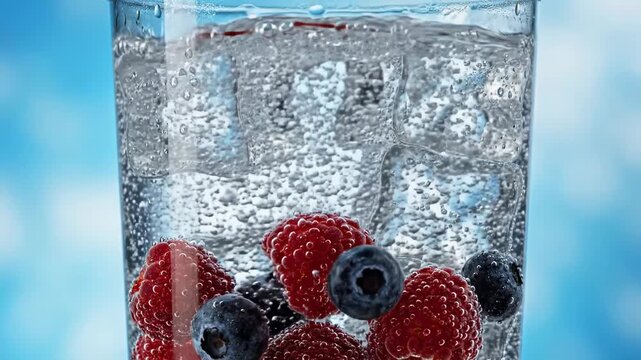 This shows a close-up shot of a glass of sparkling water infused with raspberries and blueberries on a bright blue background, highlighting the refreshing and healthy aspects of the drink.