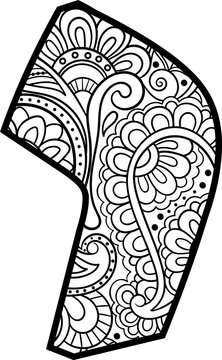 Decorative Hebrew Letter Yud (י), Floral Doodle Pattern ,Isolated Outline Vector, Coloring Page