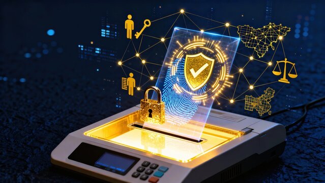 Futuristic EVM Digital security concept with fingerprint padlock shield icons security fingerprint technology For government election protection