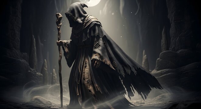 A frosted glass panel obscures a shadowy figure in a mysterious, cavernous environment with wisps of smoke, creating an intriguing and atmospheric scene