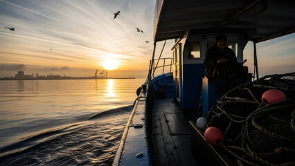 Naklejka premium Fishing boat returning to harbor at dawn with soft morning light reflecting on calm water. Concept of renewal today now