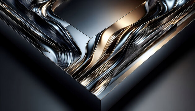 Abstract metallic frame corner with flowing chrome textures creating futuristic luxury background for modern branding design presentation and high tech concept visuals
