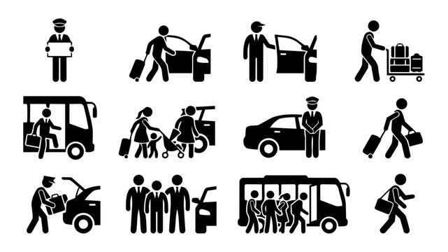 Airport Transfer Service Icons &ndash; Chauffeur, Passenger, Luggage and Shuttle Silhouettes