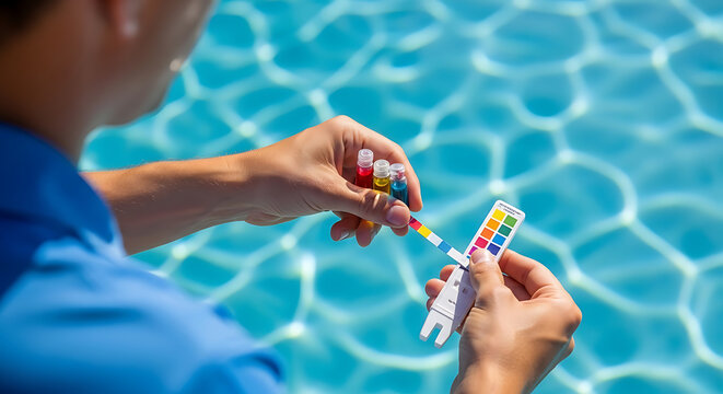 A person testing pool water with a multi-parameter test strip and color chart next to a swimming pool with clear blue water.