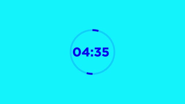 Five minute countdown animation on a blue background, 5 minute countdown timer with alpha channel,