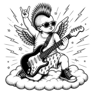 punk cherub angel playing guitar on cloud with wings sunglasses mohawk lightning rock music cartoon vector illustration