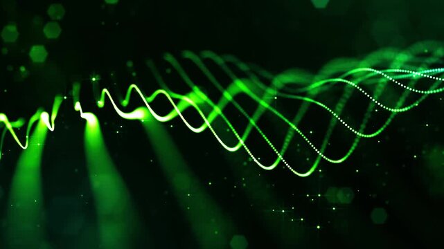 3d render vj loop Neon green waveform over dark, D render vj loop with pulsing lines, tiny particle dots, soft bokeh, deep cinematic depth, seamless repeating motion for ambient backgrounds,