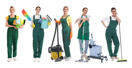 Obraz premium Cleaning service workers with supplies. Portraits on white background