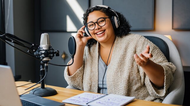 Joyful plus size woman recording podcast with professional microphone and headphones in studio