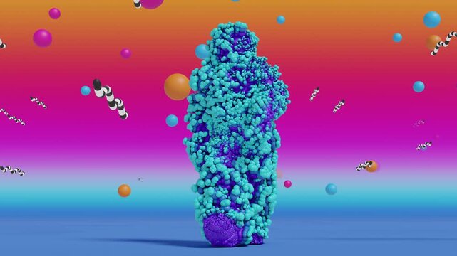 Seamless VJ loop featuring a walking humanoid figure constructed from glowing violet spheres, set against a dark abstract background with bokeh light trails