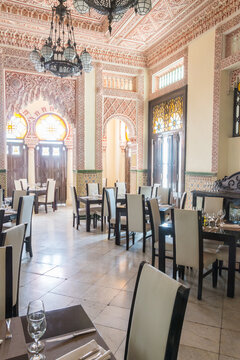 Cuba, Cienfuegos, Punta Gorda.  Rooftop dining area in the Arabic Palacio de Valle, a historic villa in built by the Italian architect, Alfredo Colli, in 1917. 