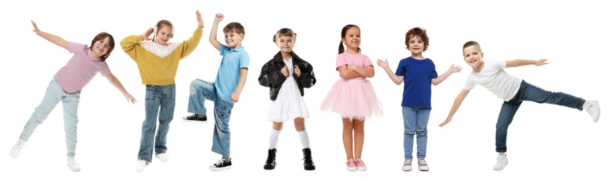 Group of happy active children on white background
