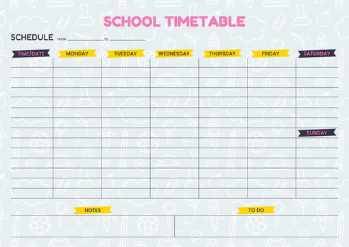 Doodle Pattern School Timetable Template Weekly Planner for Kids Student Class Schedule 