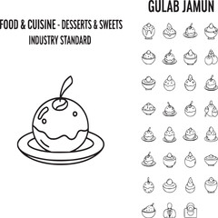 Fototapeta premium Gulab Jamun dessert icons set, Indian sweets and food cuisine line art, 28 professional vector elements for restaurant menus and digital apps