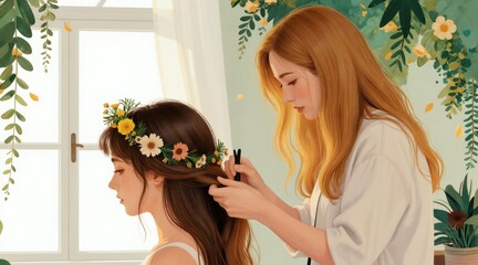 Naklejka premium Young woman with flower crown gets hair styled by stylist. Hairdresser works with client in bright airy salon. Creative beauty service with nature elements.