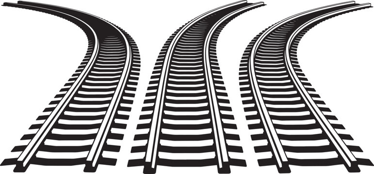 Three curved railway tracks perspective view silhouettes isolated on checkered transparent background.