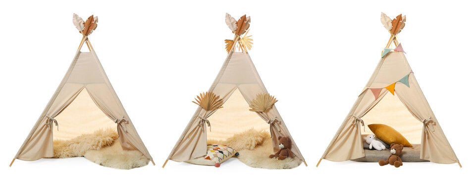 Cute wigwam for children isolated on white, set