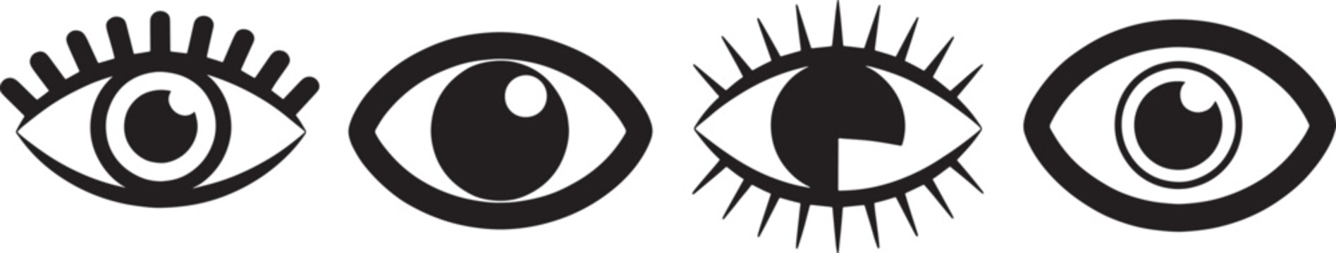 Set of four unique eyes, different designs, looking in various directions, open eyelid shapes.