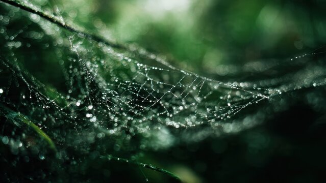 Dew Drops on Spider Web in Forest