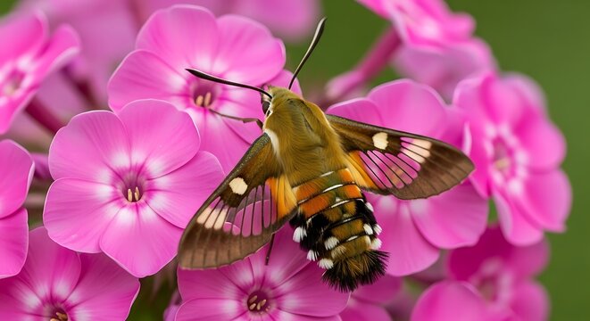 Hummingbird moth nectaring on pink phlox flowers in a vibrant garden scene