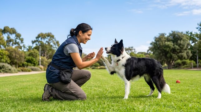 Professional Woman Trainer Teaching Border Collie Dog High Five Command in Sunny Green Public Park