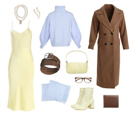 Naklejka premium Collection with women's clothes, shoes and accessories for stylish look on white background