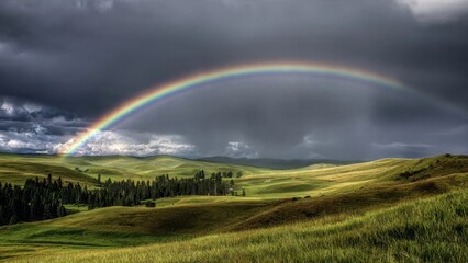 Naklejka premium Dramatic Rainbow Over Rolling Green Hills
