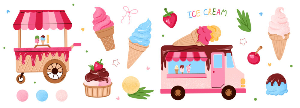 Cute ice cream truck and cart with dessert set. Colorful vector illustration with cones, cupcake, berries and fruits isolated on white background. Summer collection of children's sweets.