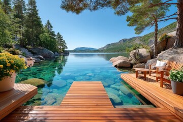 Fototapeta premium Summer lake retreat in Finland with wooden dock, clear turquoise water and forested shoreline