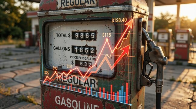 Rusty vintage gas pump with glowing red upward trend chart. Rising fuel prices and inflation concept