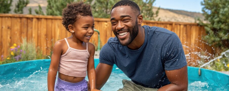 Father and daughter laughing and playing in a backyard pool on a warm summer day