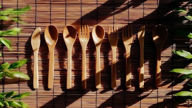 Wooden cutlery set arranged on woven surface with natural sunlight