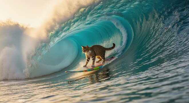 Lone cat surfing on a colorful surfboard in a turquoise sea wave barrel. Pet feline riding a large ocean tube during golden hour. Summer vacation and adventure concept