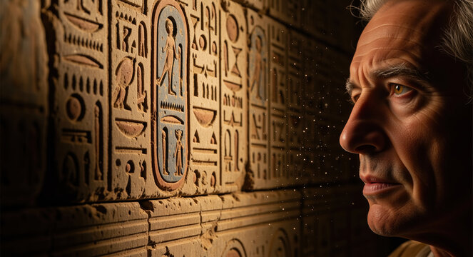 Close-up profile of a senior archaeologist looking at ancient Egyptian hieroglyphs. Explorer face illuminated by light with floating dust. Mystery and history concept