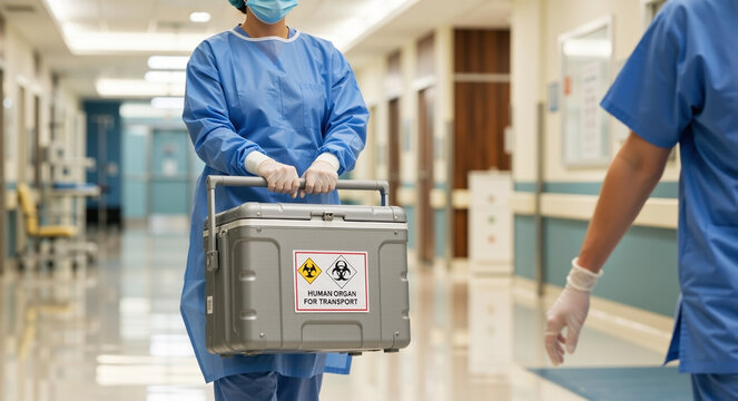 Medical professional transporting a human organ in a specialized cooler through a hospital corridor. Healthcare logistics for transplantation surgery