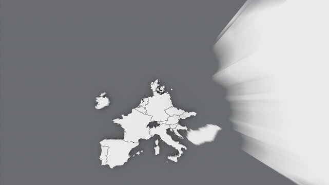 Animated map of European Union, white map on gray background.