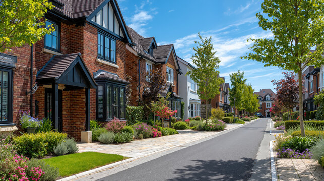 Modern residential street in a new suburban housing development. Exterior of upscale brick homes in an English neighborhood on a sunny day