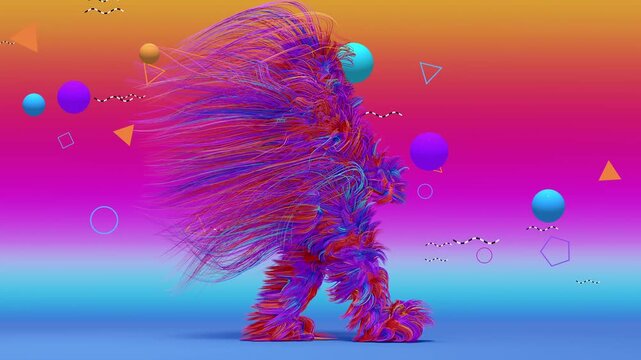 Dynamic seamless VJ loop featuring a shaggy, fibrous humanoid walking against a vibrant, luminous gradient background. For VJ sets, high-tech club visuals, music fest