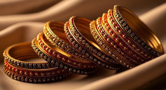 Elegant stack of traditional indian bangles with intricate designs and warm tones