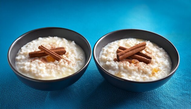 vertical format creamy rice pudding with cinnamon and raisins served in dark bowls on a blue background