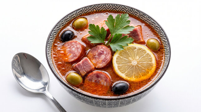 Solyanka soup with meat, sausages, olives and lemon in a patterned bowl isolated on white background