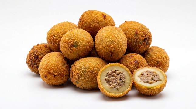 Deep fried breaded stuffed olives isolated on white background