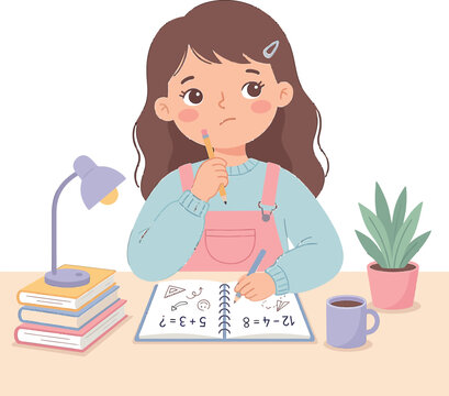 A young girl is sitting at a desk, looking thoughtful as she writes in a notebook, surrounded by books, a lamp, and a plant, representing diligent study and learning