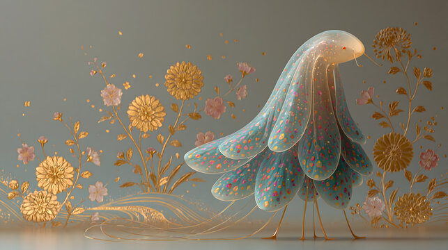Fantasy Jellyfish Flower Creature with Golden Floral Garden, Surreal Decorative Illustration